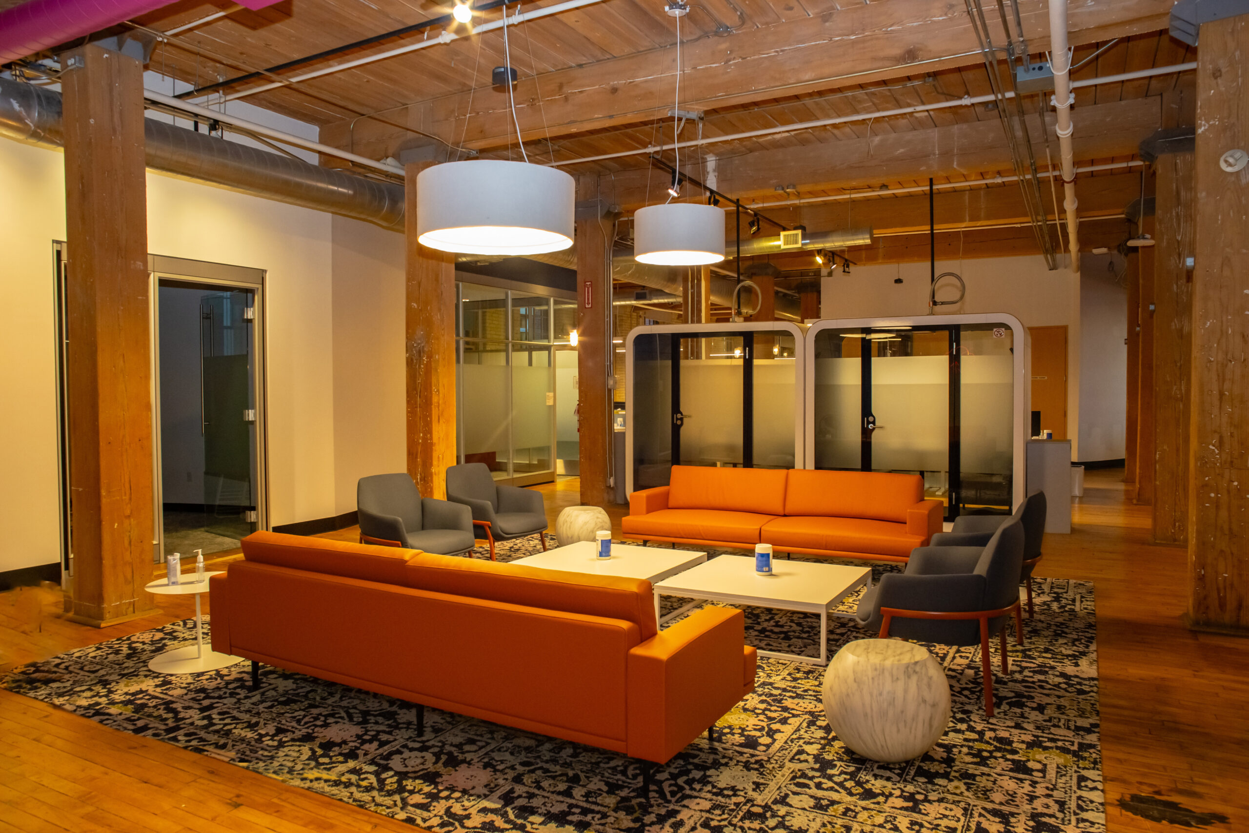 Softchoice's corporate office main floor lounge area in the Toronto office renovated by Titan General